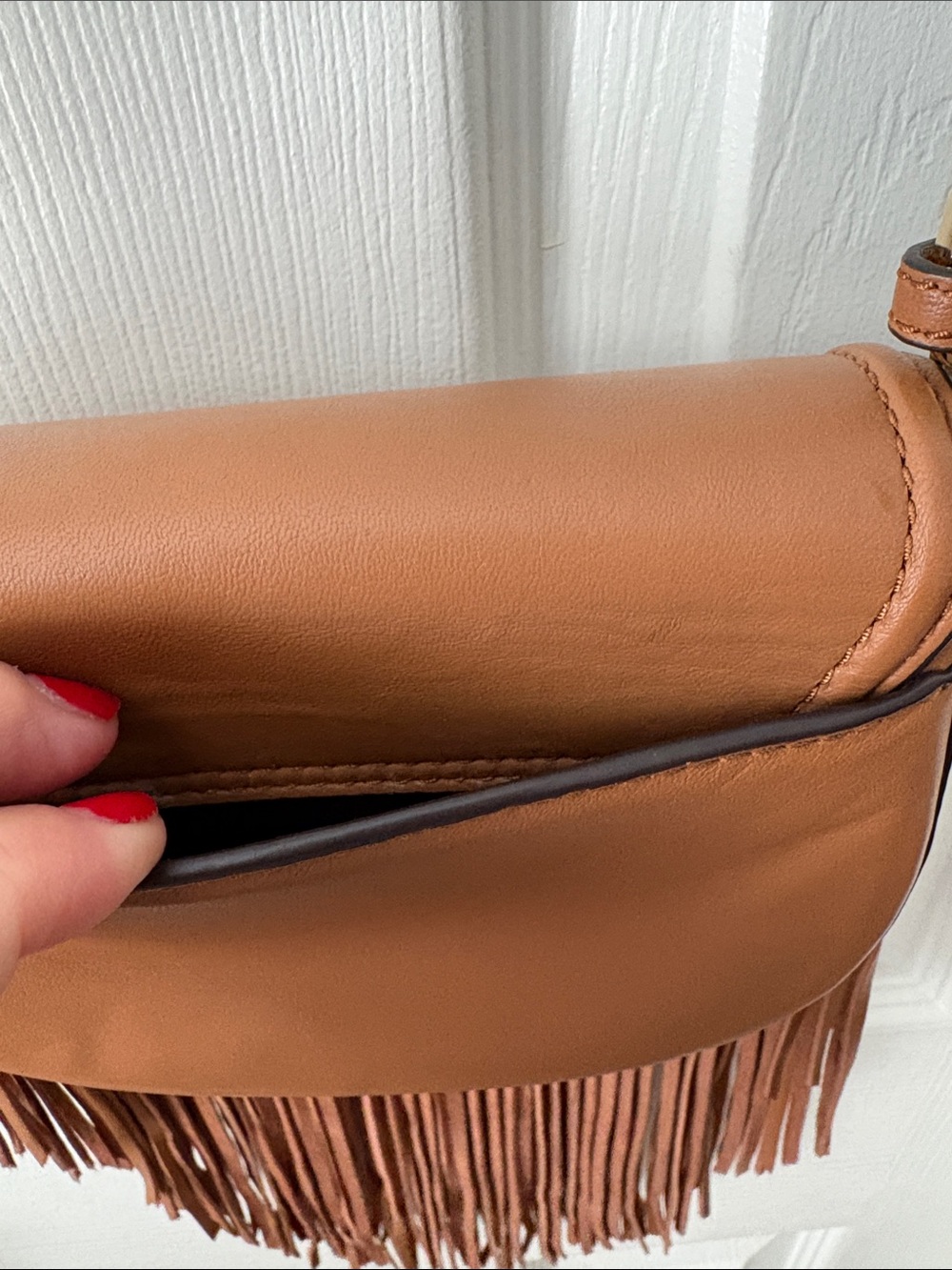 Michael Kors CARY Tan Brown Leather Fringe Saddle small Crossbody Shoulder Bag - Picture 4 of 10